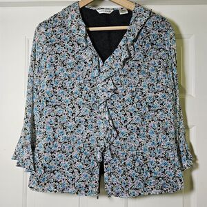 Laura Ashley Top Women's 8 Black Blue Purple Dark Floral Silk Ruffle V-neck